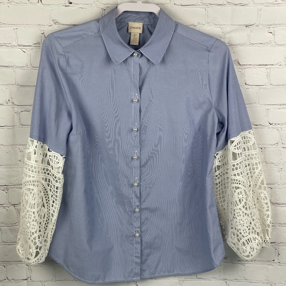 Chicos 1P (Small/8P) Blue Blouse Lace Balloon Sleeves Career Casual